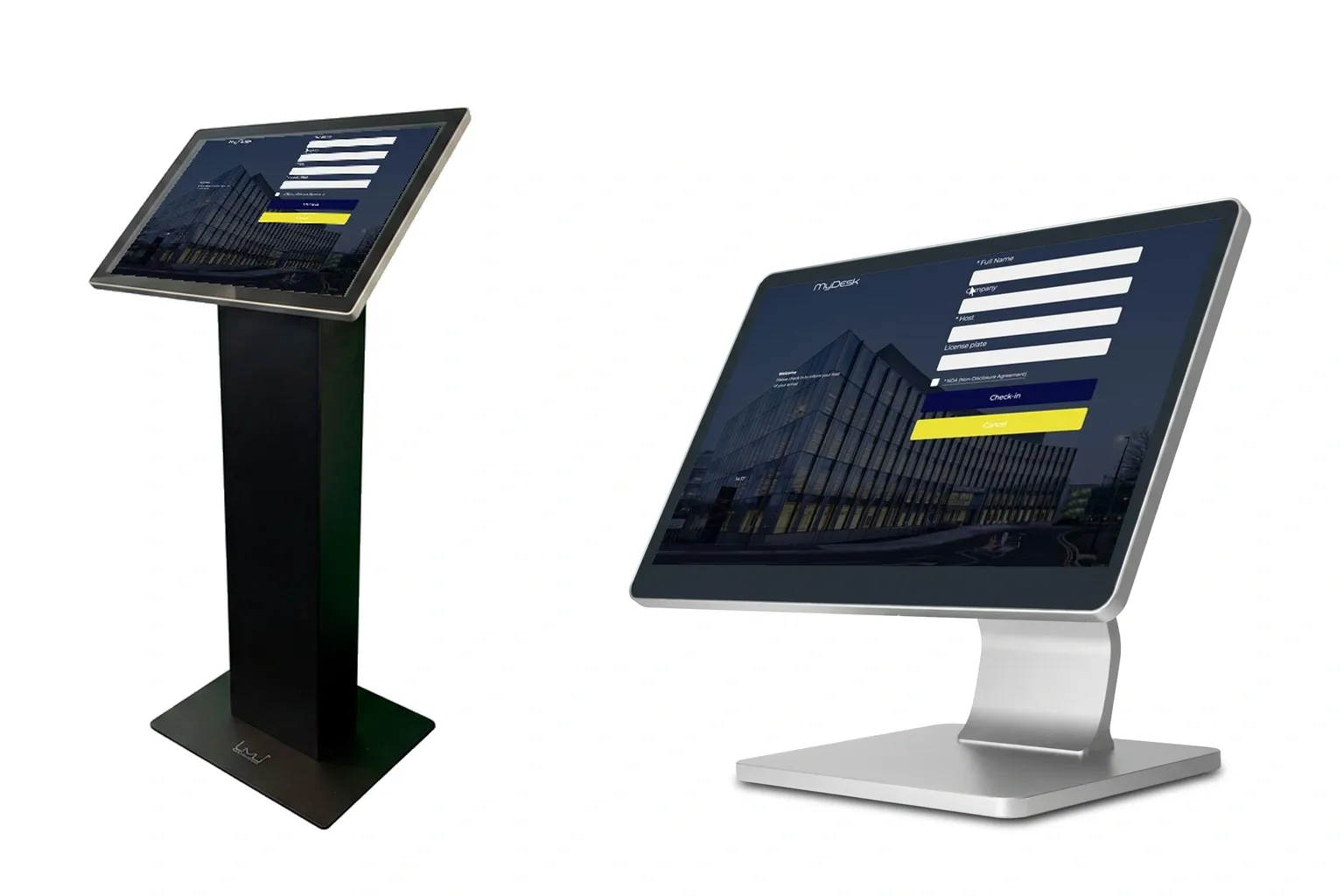 MyDesk gastenschermen op vloerstandaard en tafelstandaard