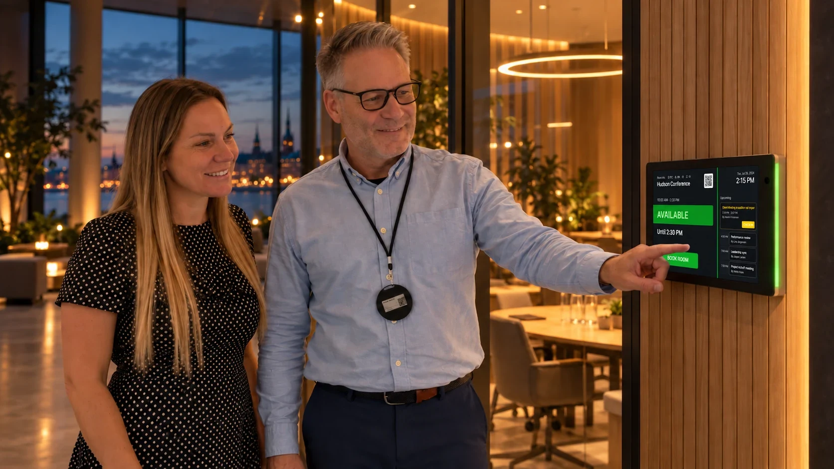 Illustratie van Jesper en Louise die een Philips MyDesk-vergaderruimtedisplay gebruiken buiten een vergaderruimte