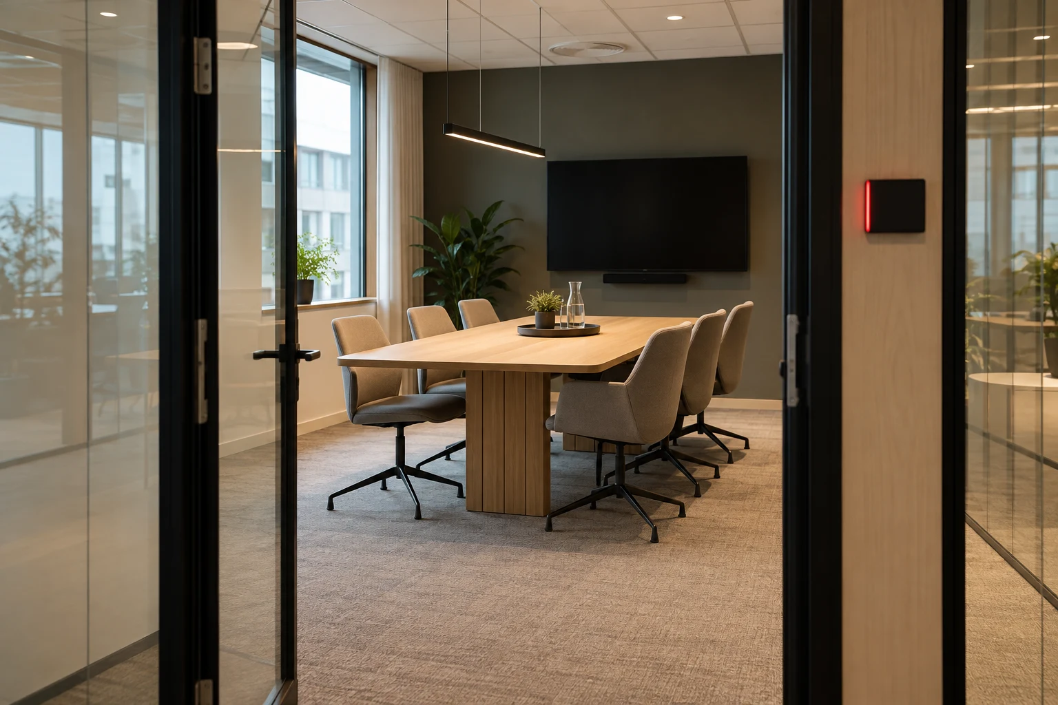 Illustration d'une salle de réunion vide avec un indicateur de réservation rouge à la porte