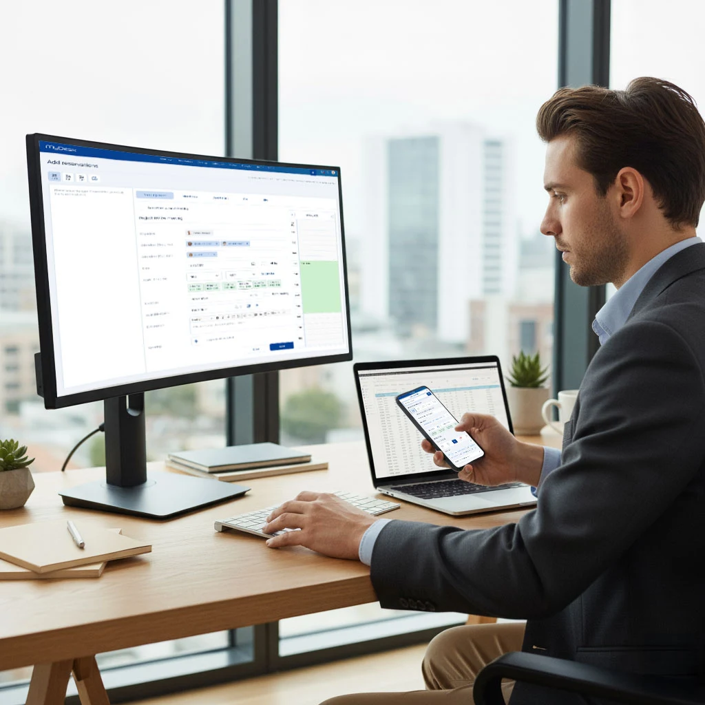 Illustrativt MyDesk-billede af en medarbejder med booking på computer og telefon