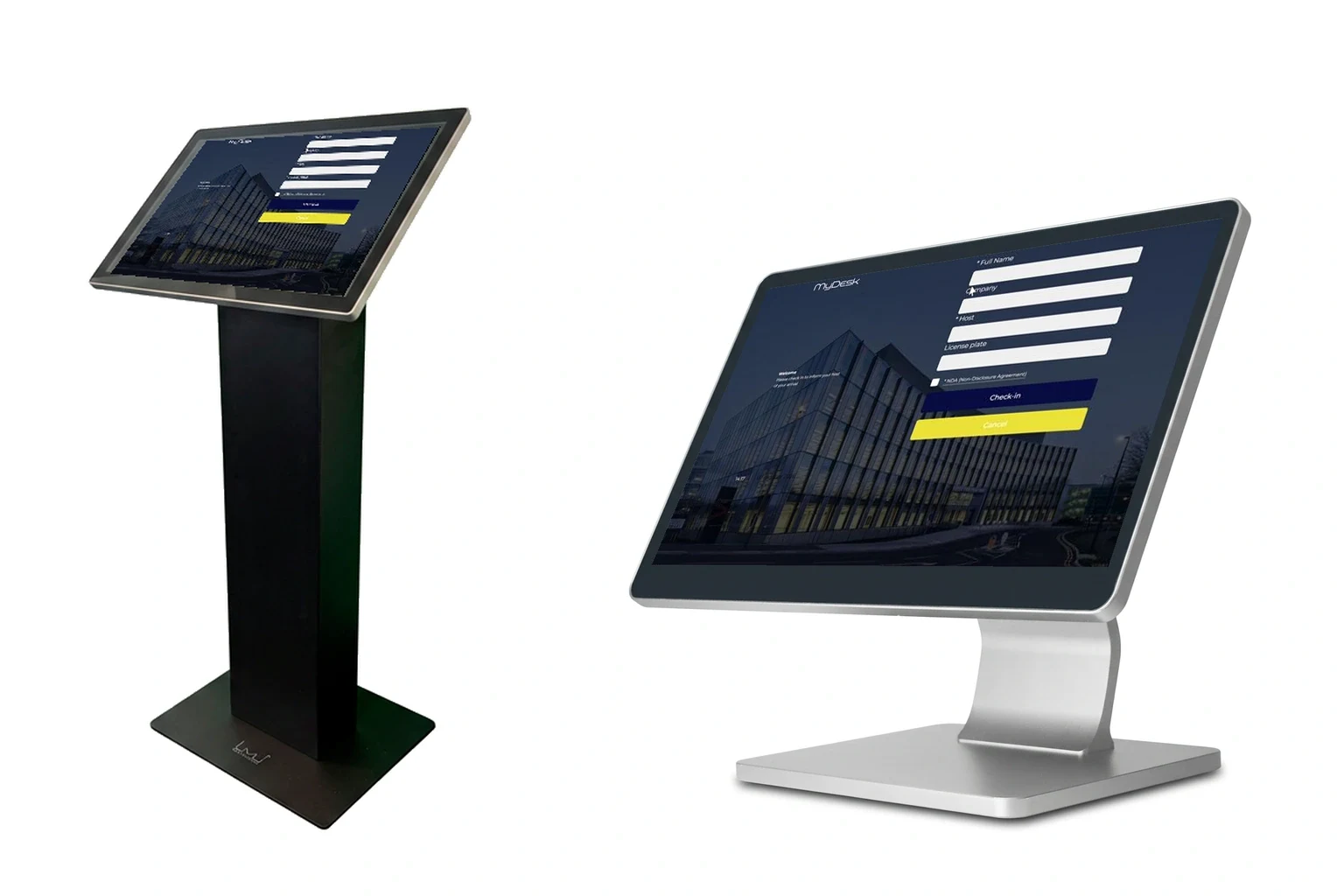 Productfoto's van MyDesk 21,5 inch vloerstandaard en 15,6 inch tafelmodel met aangepaste MyDesk gastenregistratie