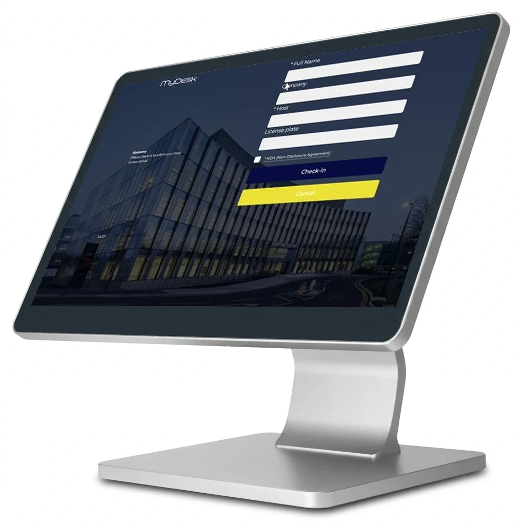 MyDesk 15,6 inch gastmonitor met zilverkleurige tafelvoet en geïllustreerde MyDesk gastregistratie