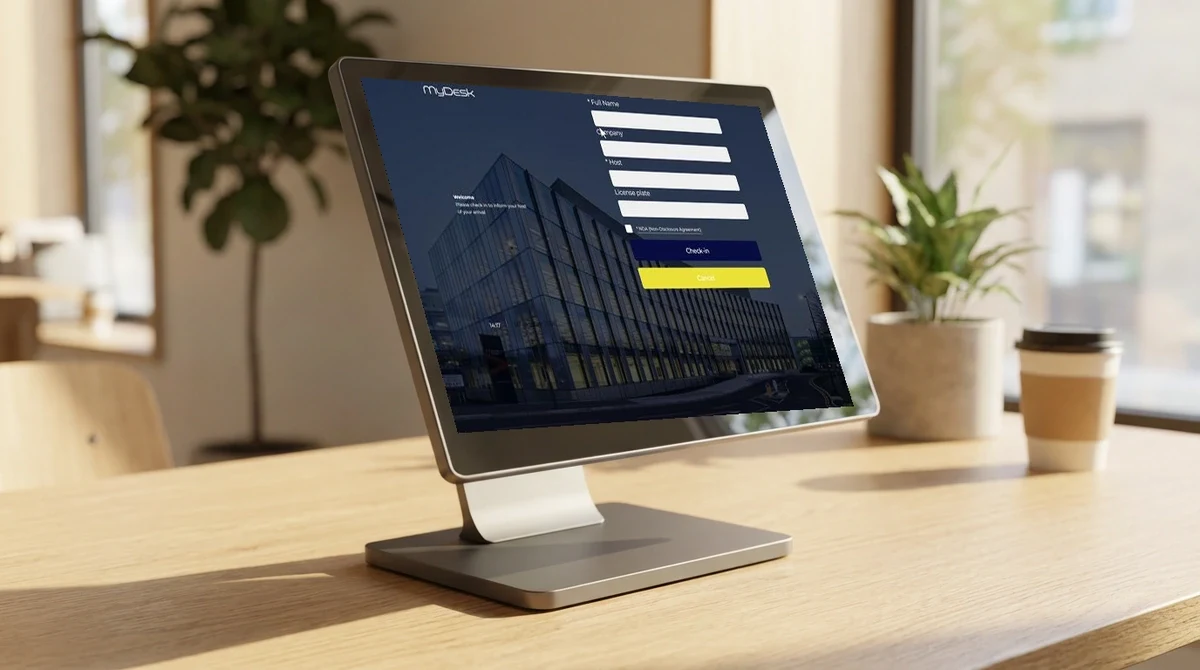 MyDesk 15,6 inch gastmonitor op receptie met MyDesk gastenregistratie