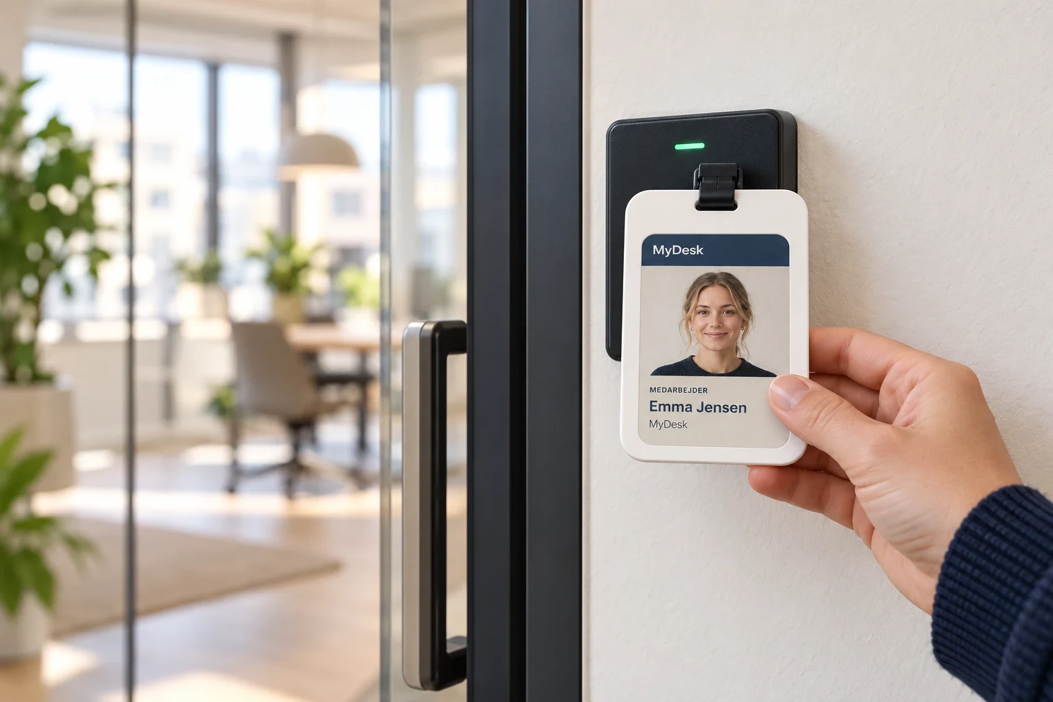 Illustratie van een MyDesk digitale kaart die tegen een deurlezer wordt gehouden voor toegang via MiFare-chip