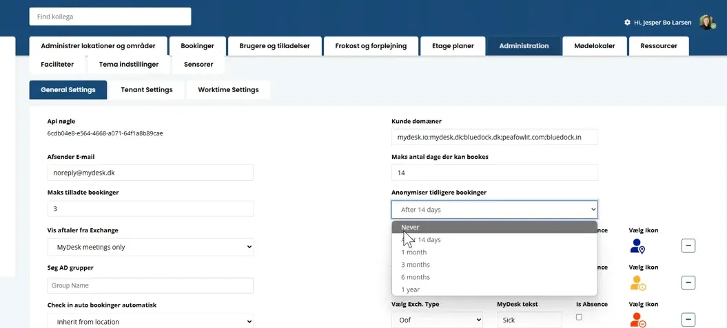 Configuración de almacenamiento de datos en MyDesk