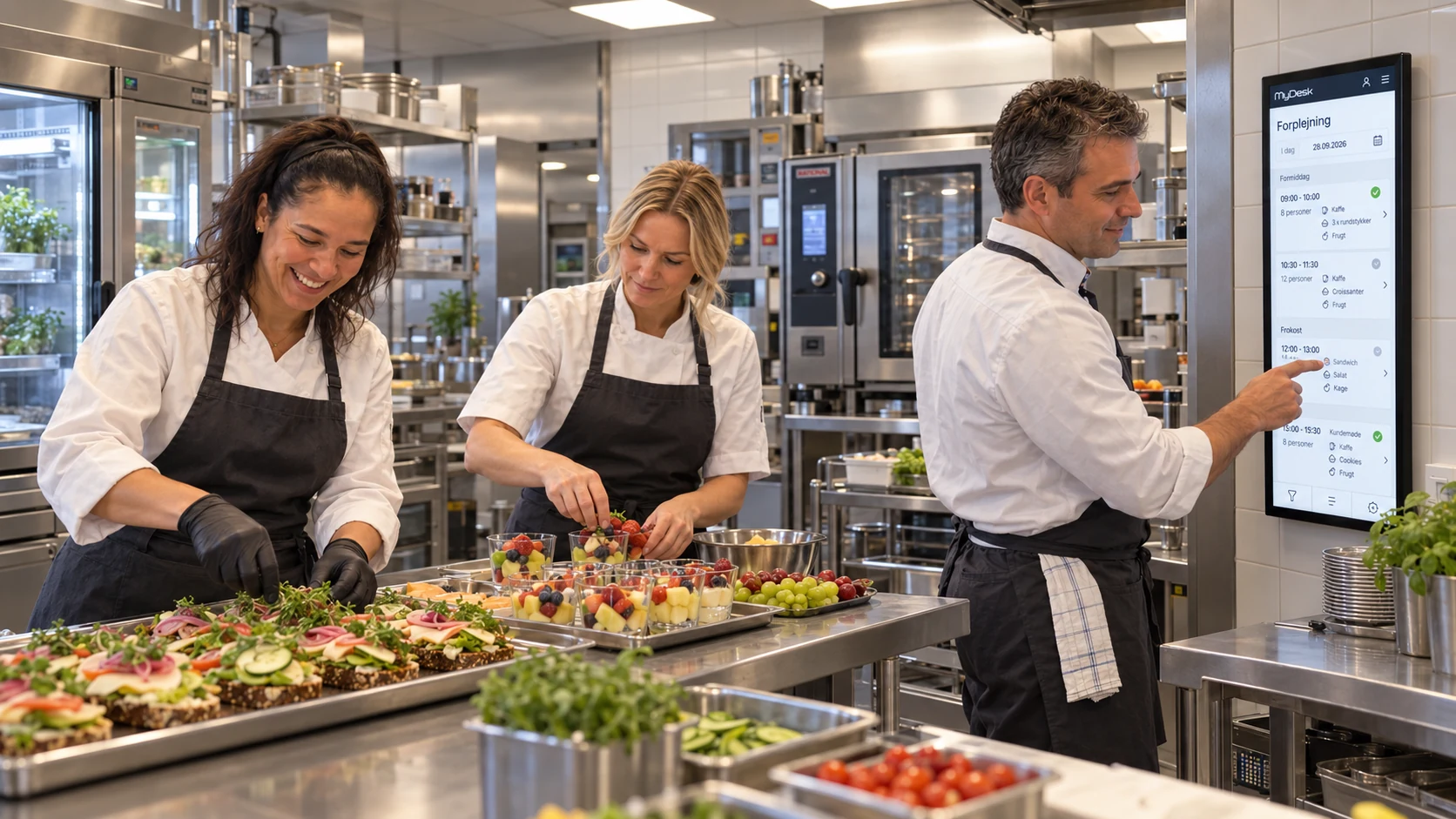 Illustratie van Kristian, Salma en Louise die catering bereiden in een kantinekeuken met MyDesk op een verticaal touchscreen