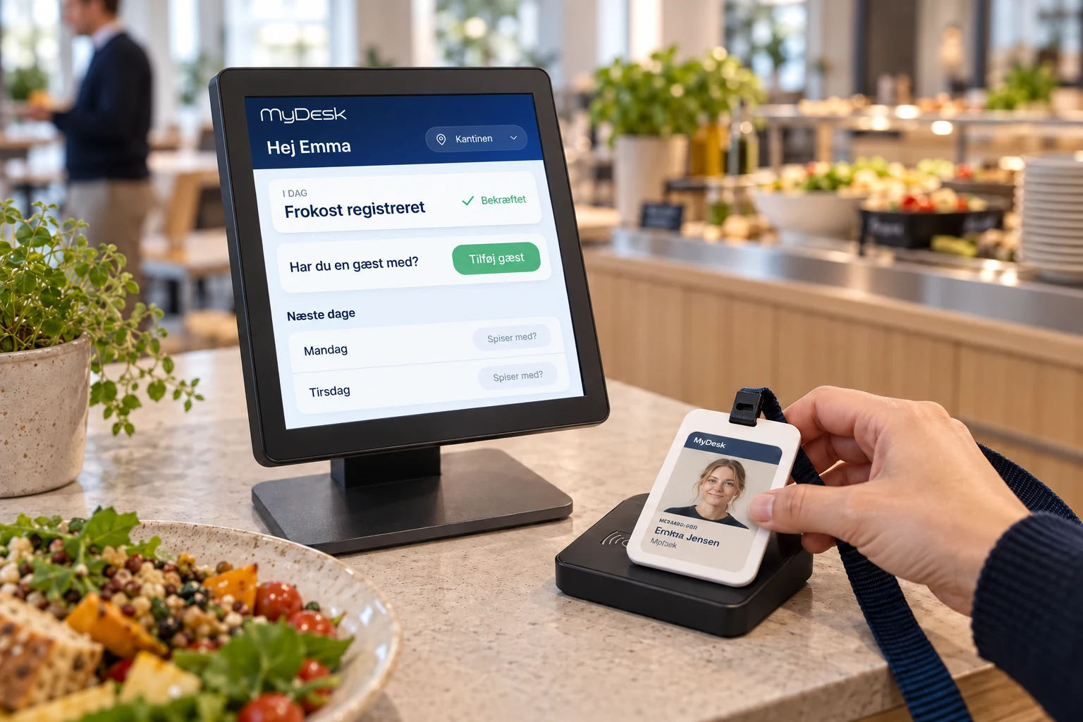 Illustratie van een medewerkerskaart op een NFC-lezer bij het touchscreen van de kantine, met daarop de lunchregistratie en de mogelijkheid om een ​​gast toe te voegen