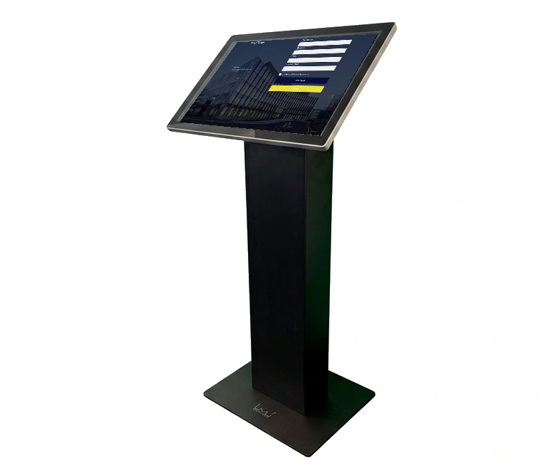 MyDesk 21,5 inch gastmonitor op zwarte vloerstandaard met geïllustreerde MyDesk gastregistratie