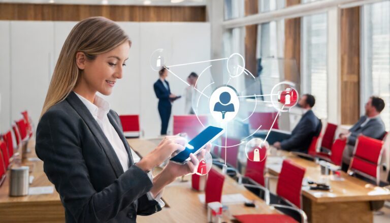 Effective meeting room platform; woman booking meeting room from phone