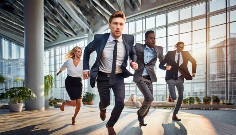 People in suits run in office