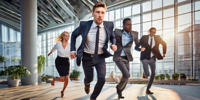 People in suits run in office