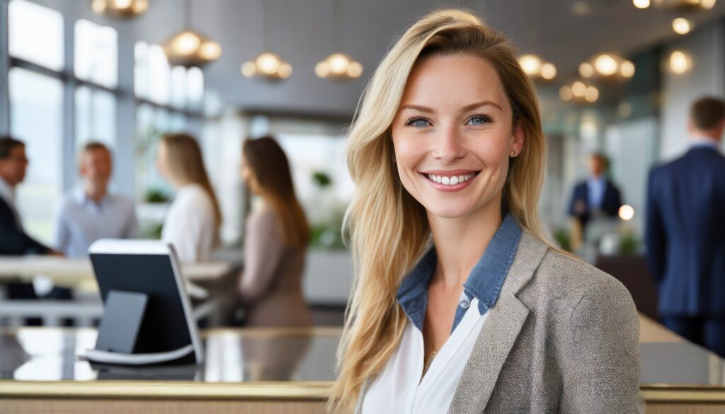 Happy woman looking at office reception
