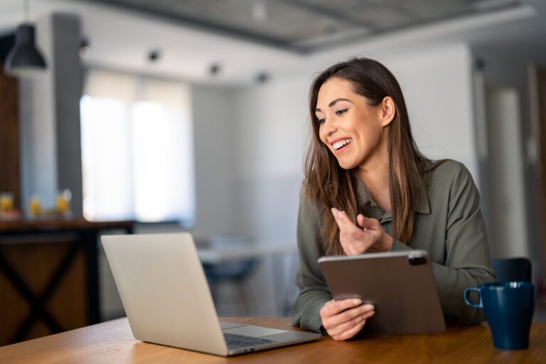 Woman having online meeting with pc