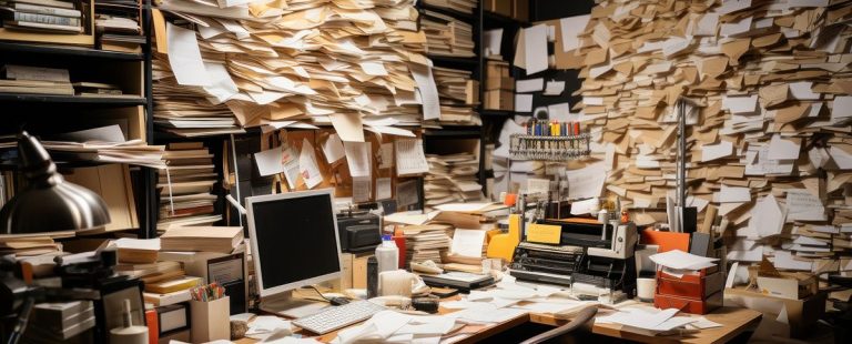 Office desk with lot of paper