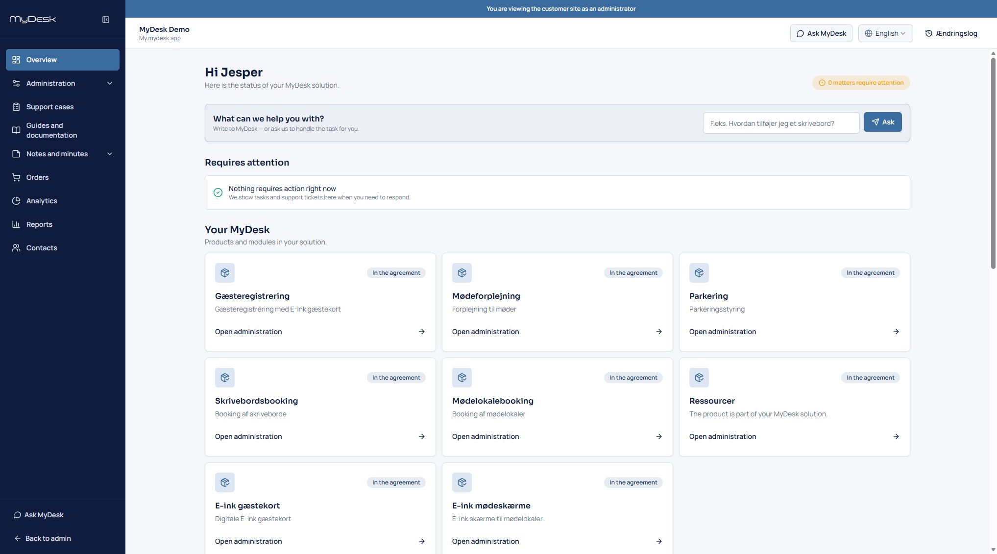 MyDesk Demo – kundeportalens oversigt over MyDesk-moduler