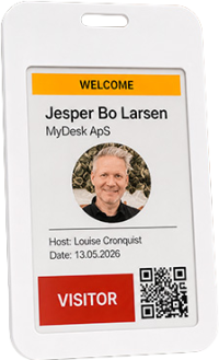 Visitor badge for Jesper Bo Larsen with host Louise Cronquist, date 13.05.2026, red VISITOR label and QR code at right.